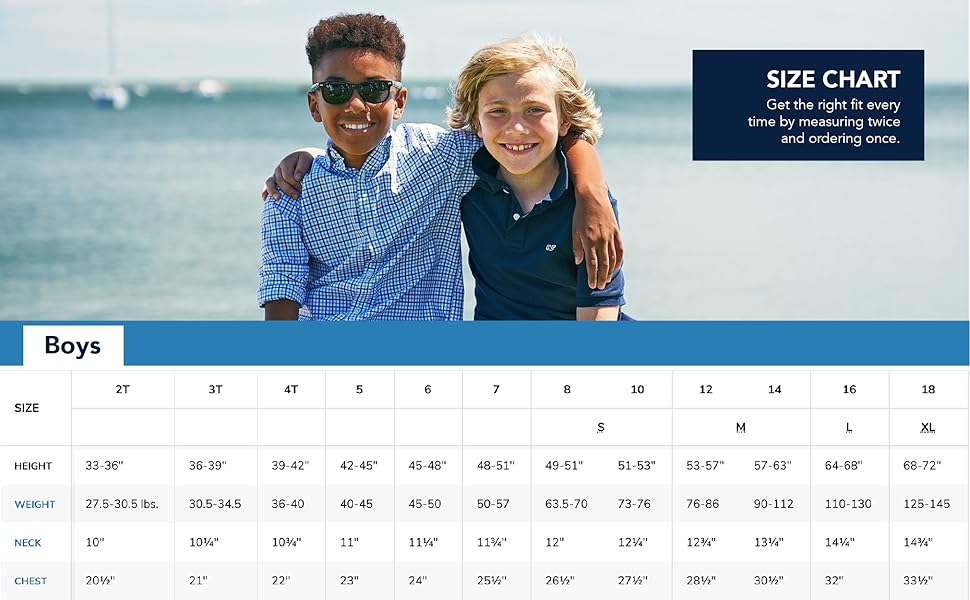 Vineyard Vines boys clothing size chart with measurements.