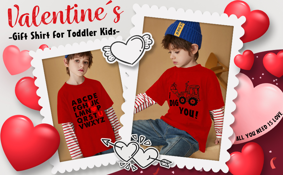 Toddler T-shirt Valentine''s Day Shirt I Dig You Tractor Tops Kids Sleeve Stripe Patchwork Baby Tees