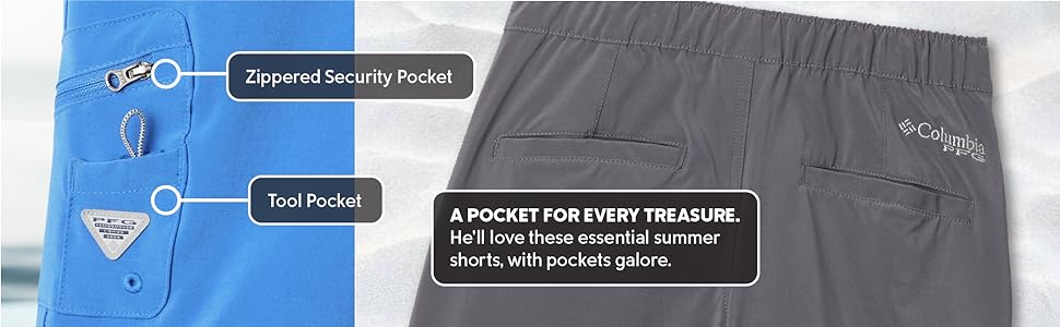 Shorts with lots of pockets, zippered Secruity pocket