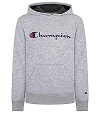 champion boys hoodie grey fleece fabric blue signature logo