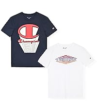 champion 2 pack boys tee shirts in navy blue and white with bold logo graphics