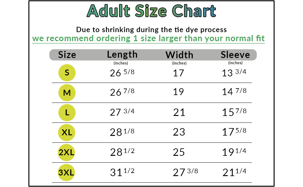 200 Measurement Adult Size Chart