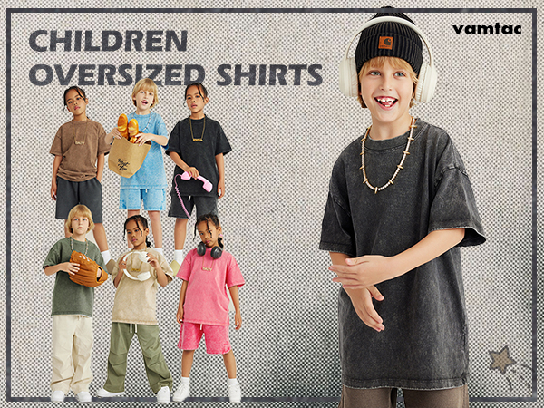 Vamtac childrens oversized shirts kids vintage tees Cotton T Shirt solid Color Streetwear