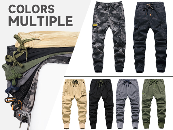 Khaki pants, gray pants, green pants and camo pants.