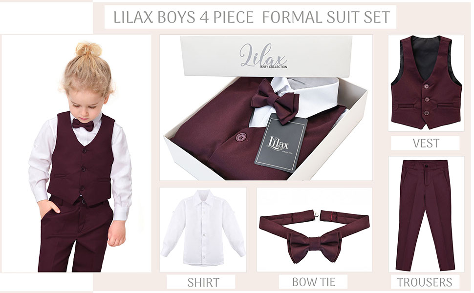 4 Piece Boys Suit Set Package Include; A White Button-Up Shirt A Lined Vest, Pants Matching Bow Tie