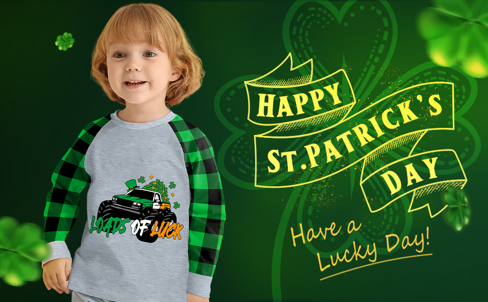 Boys St Patricks Day Tee Shirt Lucky Clothes Long Sleeves Green Raglan Monster Truck Digger Gnomes