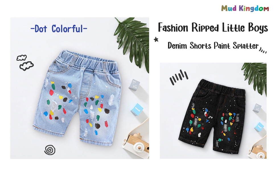 Mud Kingdom Fashion Ripped Little Boys Denim Shorts Paint Splatter Dot Colorful