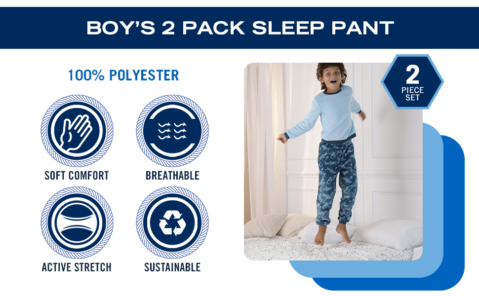 boys 2 pack sleep pant soft comfort, breathable, active stretch, sustainable 