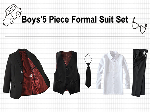 Boys Suits 5 Piece Formal Suit Set Slim Fit Dress Clothes Ring Bearer Outfit