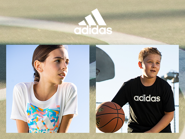 Image collage with adidas logo and kids in sports apparel playing sports