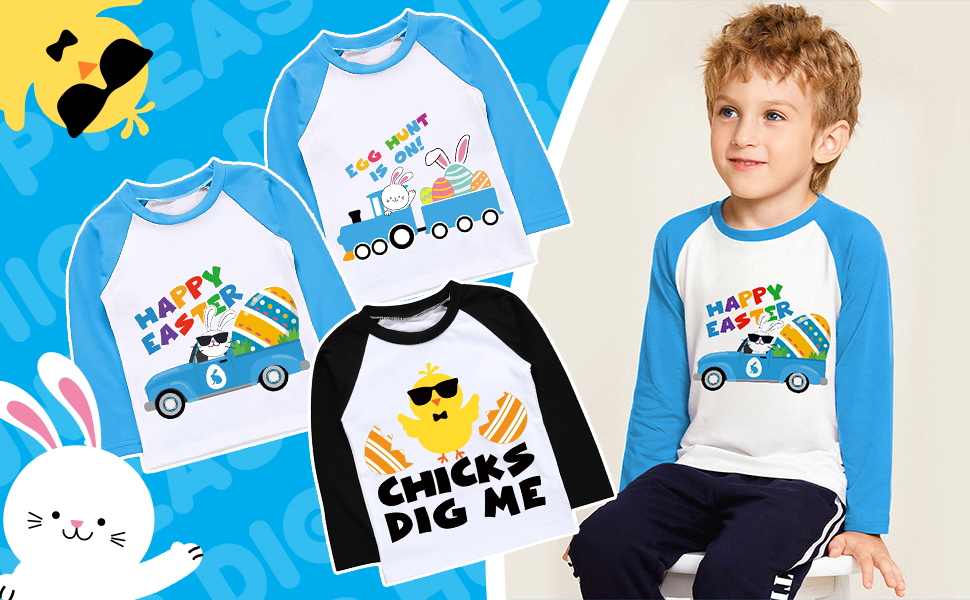 boys girls kids happy easter day tee shirt bunny rabbit truck train chicks cute clothes long sleeves