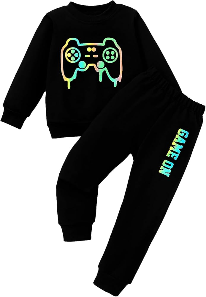 Rosebea Toddler Boy Clothing Sets Reflective Gamepad Print Pullover & Sweatpants Long Sleeve Kids 2pcs Outfits