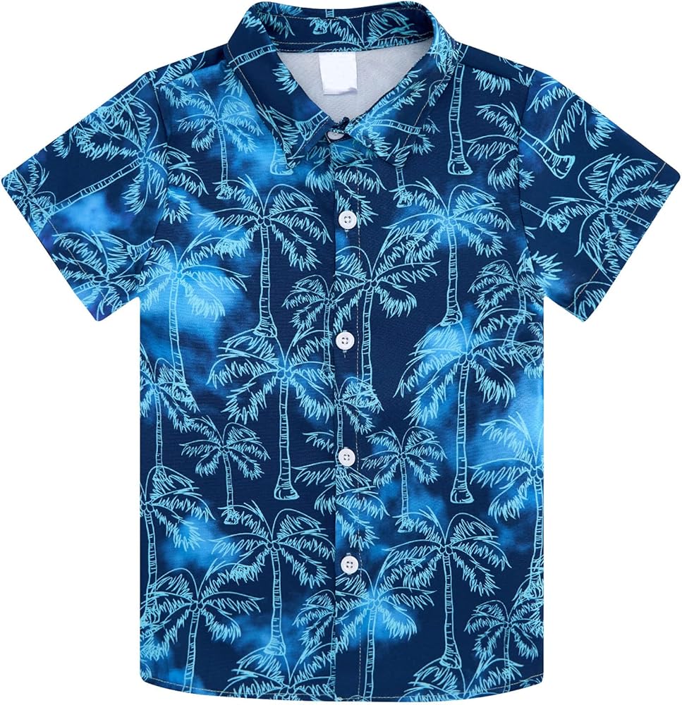 uideazone 2-10 Years Boys Button Down Shirts 3D Graphic Hawaiian Aloha Short Sleeve Dress Shirt Tops