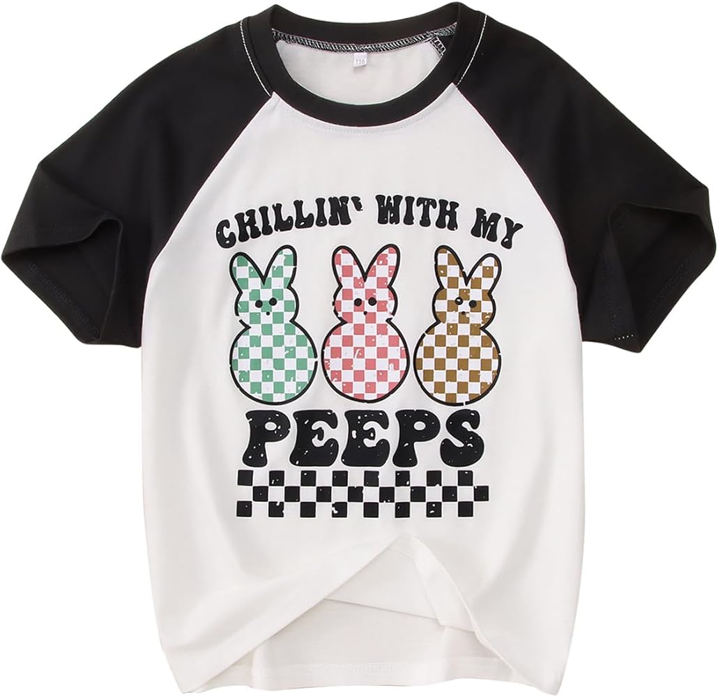 MODNTOGA Boys Girls Easter Outfit Bunny Graphic T-Shirt Chillin' with My Peeps Letter Print Short Sleeve Tee Tops