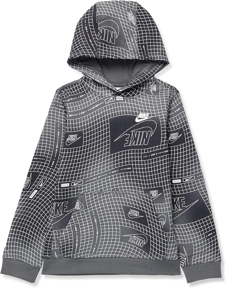 Nike Boy's NSW Club All Over Print Pullover Hoodie (Little Kids/Big Kids) Black/Iron Grey/Photo Blue MD (10-12 Big Kid)