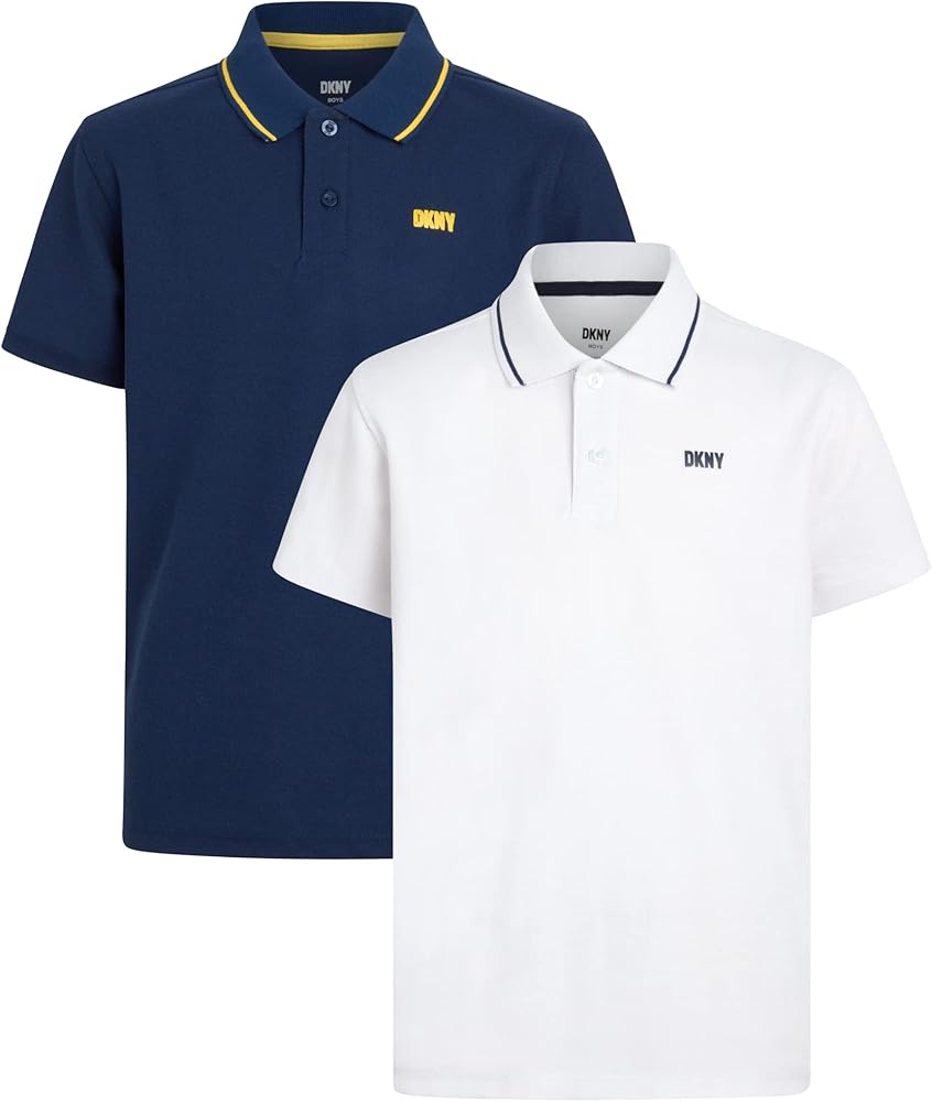 DKNY Boys' Polo Shirt - 2 Pack Classic Fit Short Sleeve Pique Polo - Comfort Stretch Collared Golf Shirt for Boys (4-20)