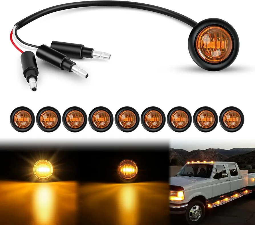 Nilight 3/4Inch Round Marker Light 10PCS Amber LED Turn Signals Light 3 Connectors Side Indicator Bullet Clearance Light IP68 Waterproof for Trailer Truck Camper Van Boat Bus, 2 Years Warranty