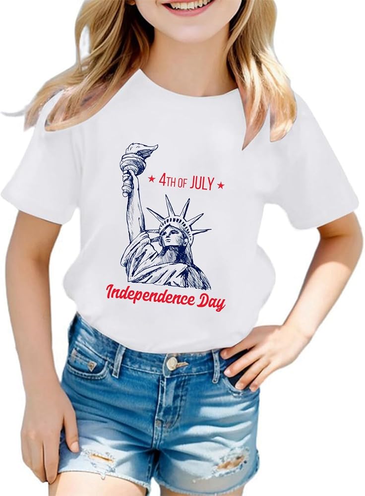 Boys Girls 4th of July Toddler Tees American Flag Tops Tee Fashion Short Sleeve Round Neck Independence Day Shirts Unisex