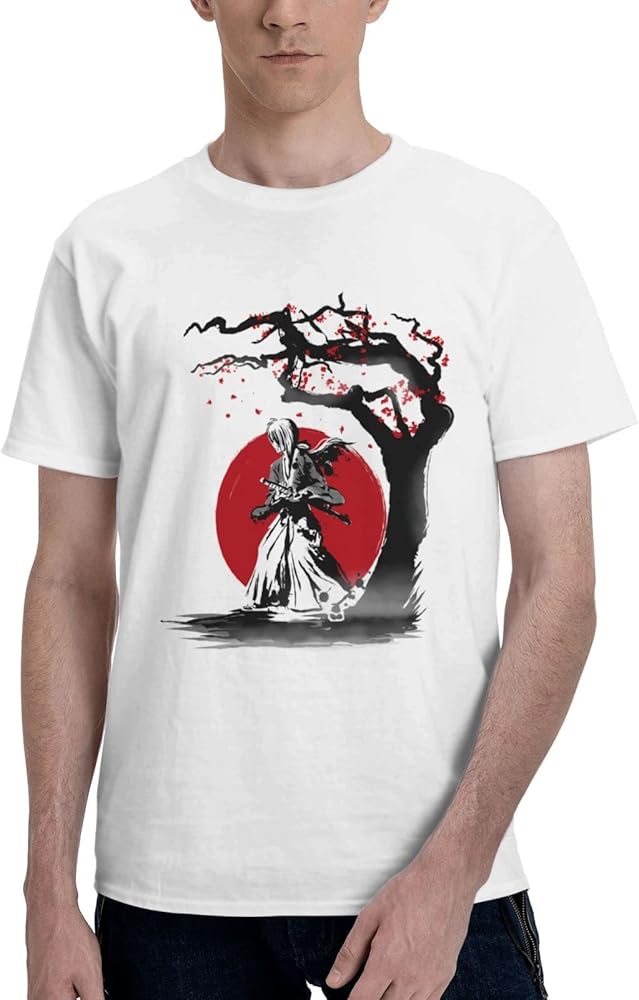 Anime T Shirts Rurouni Kenshin Himura Kenshin Men's Summer Cotton Tee Crew Neck Short Sleeve Clothes White