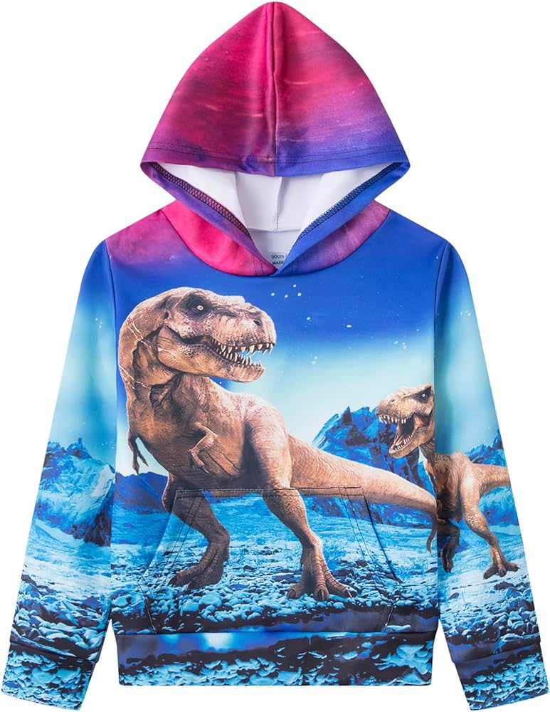 Boys 3D Printed Dinosaur Hoodies, Long Sleeved Hooded Sweatshirt for Kids 3-8 Years Toddler Pullover Tops