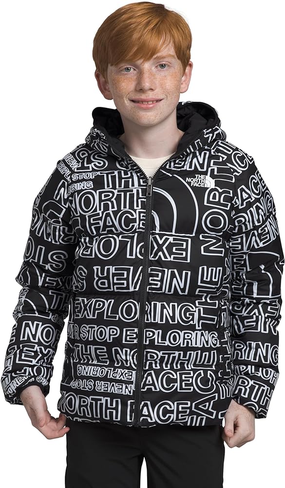 THE NORTH FACE Boys Reversible North Down Hooded Jacket, S, TNF Black TNF Marker Logo Print