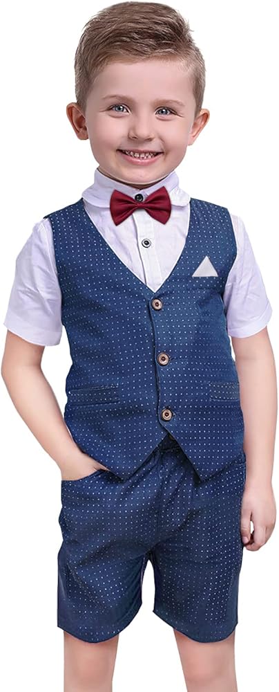 Suits for Boys Kids Summer Tuxedo Outfit Short Sleeve White Shirt + Bowtie + Shorts + Vest Formal Dress 3-7 Years