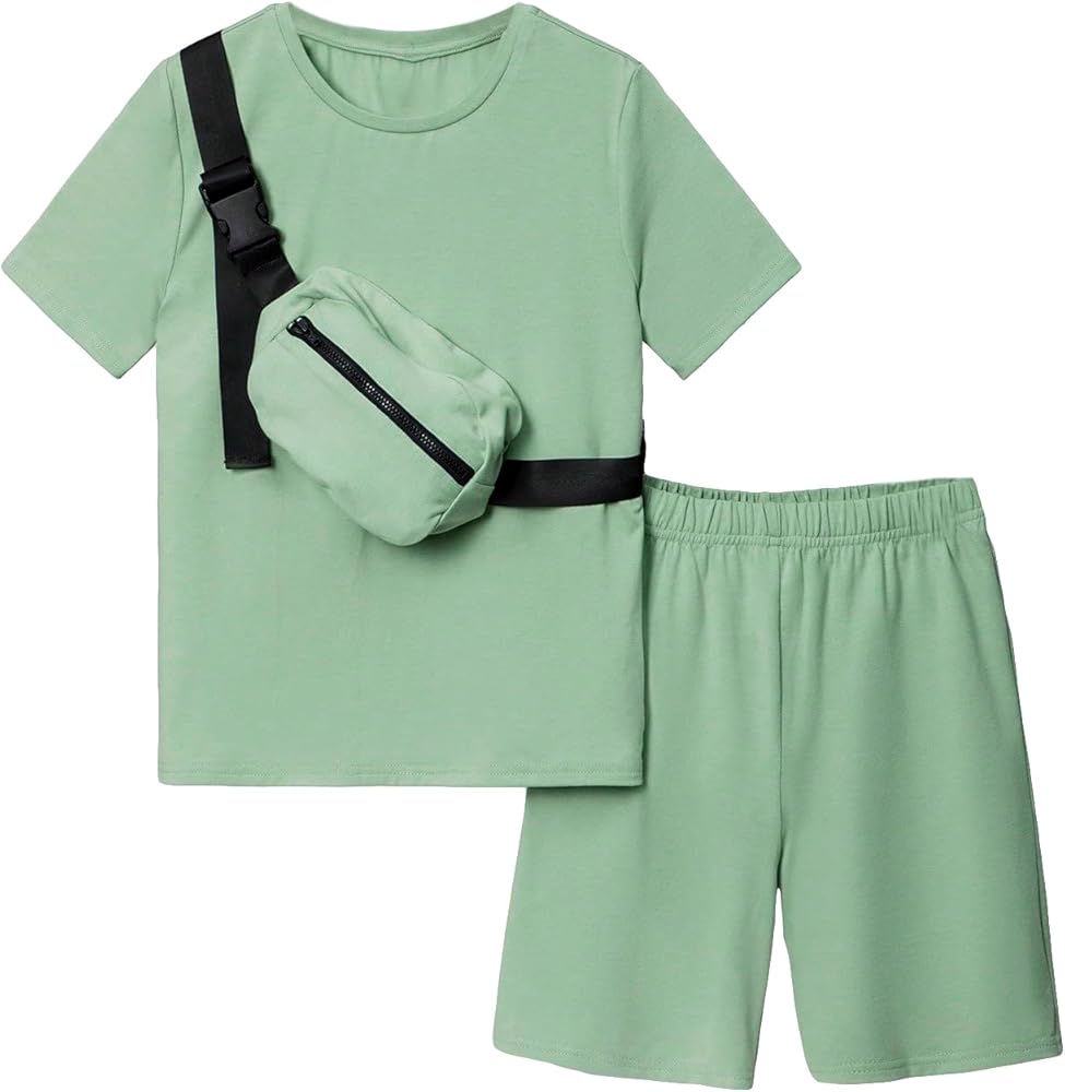 Verdusa Boy's 3 Piece Short Sleeve Basic Tee Top and Shorts Sets with Sling Bag