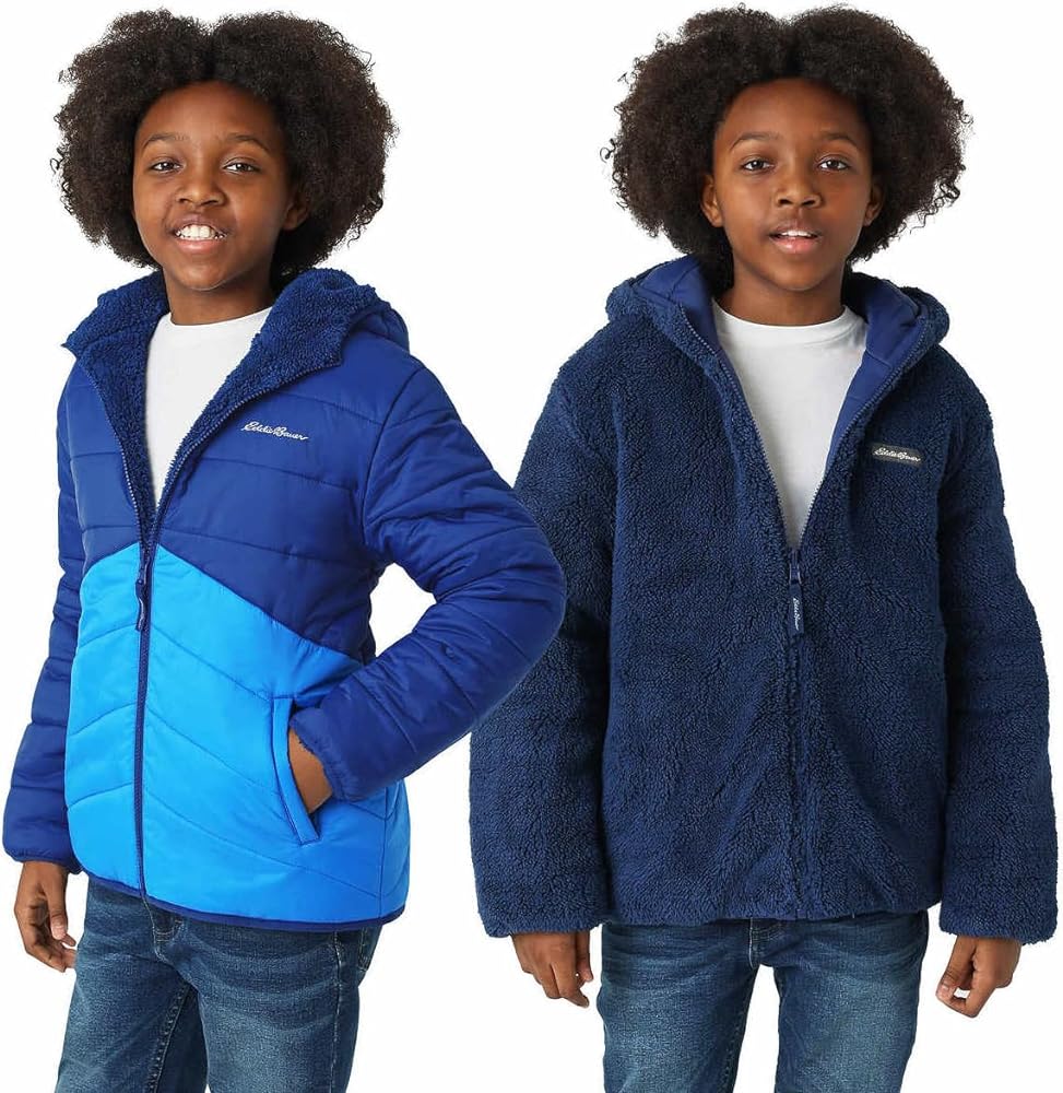 Eddie Bauer Kids Reversible Plush Hoodie Jacket (US, Alpha, Medium, Regular, Saxony Blue)