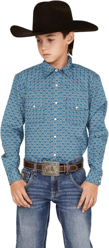 Cinch Boys' Geo Print Long Sleeve Western Pearl Snap Shirt Blue XX-Large