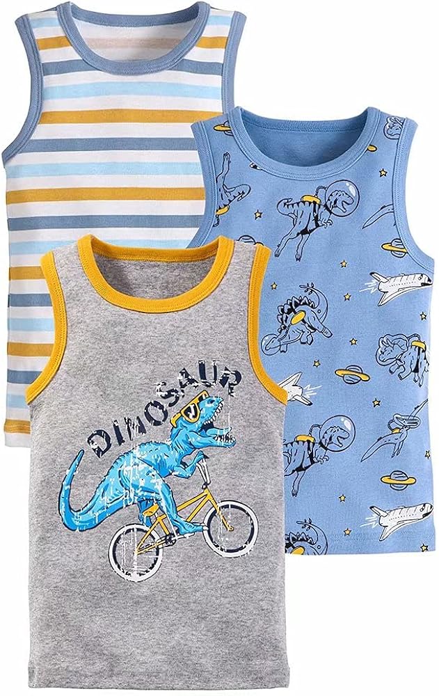 Toddler Baby Boys Cotton Sleeveless Tank Top Cartoon Dinosau Undershirts Kids 18 Months- 8Years 3-Pack