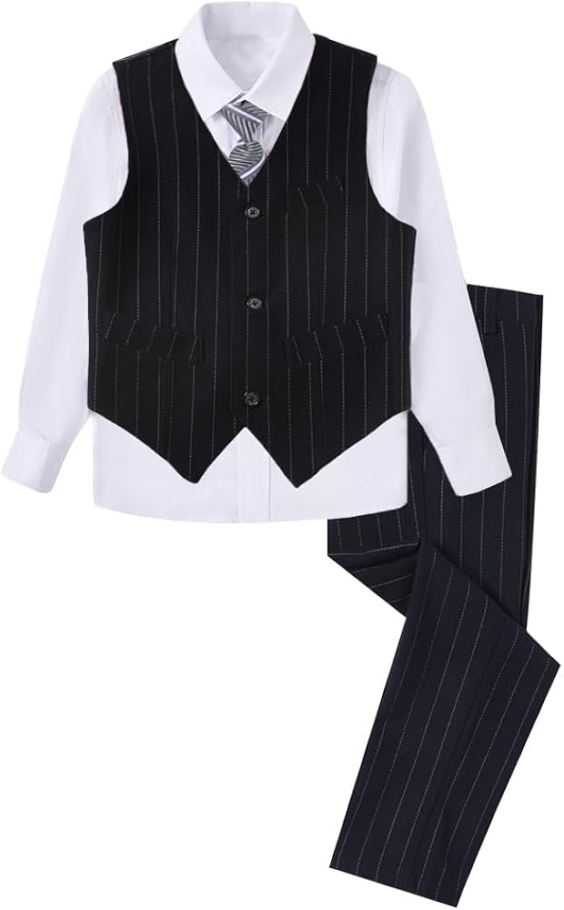 Boys 4 Pieces Suits Slim Fit Kids Outfits Vest Pants Sets Black Blue Formal Dresswear for Boy