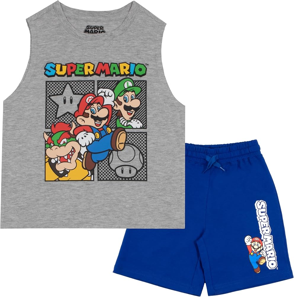 Nintendo Super Mario Bros Boys Sleeveless Shirt and Shorts Set, 2-Piece Casual Outfit Shorts Set for Kids