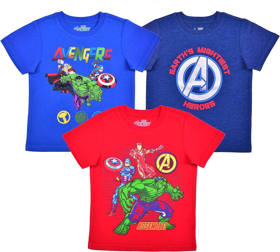 Marvel Avengers Boys 3 Pack Short Sleeve T-Shirt for Toddler and Little Kids – Blue/Red or Blue/Red/Green or Blue/Red/Grey