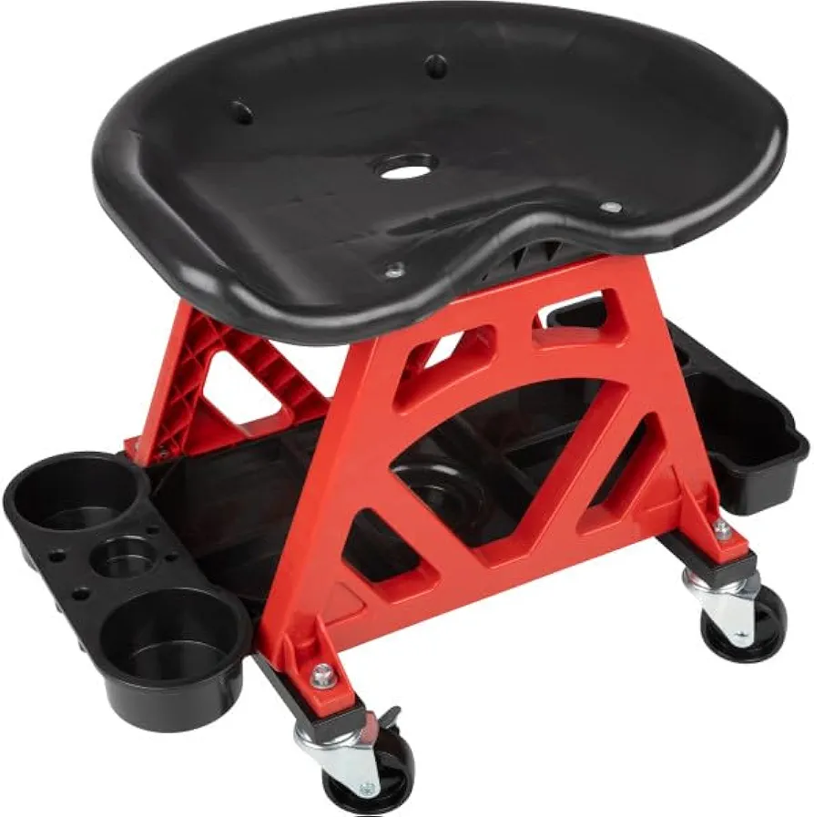 Stalwart Creepers Automotive Stool Chair - Mechanic Stool with Wheels and Tool Storage Tray - 300lb Capacity Shop Chair for Garage (Red and Black)