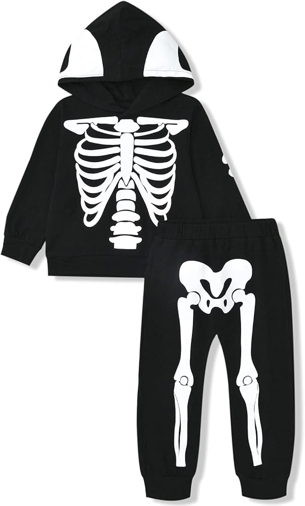 fioukiay Toddler Boys Halloween Outfit Clothes Little Kids Skeleton Hoodie Pants Set Black Long Sleeve Clothing Set