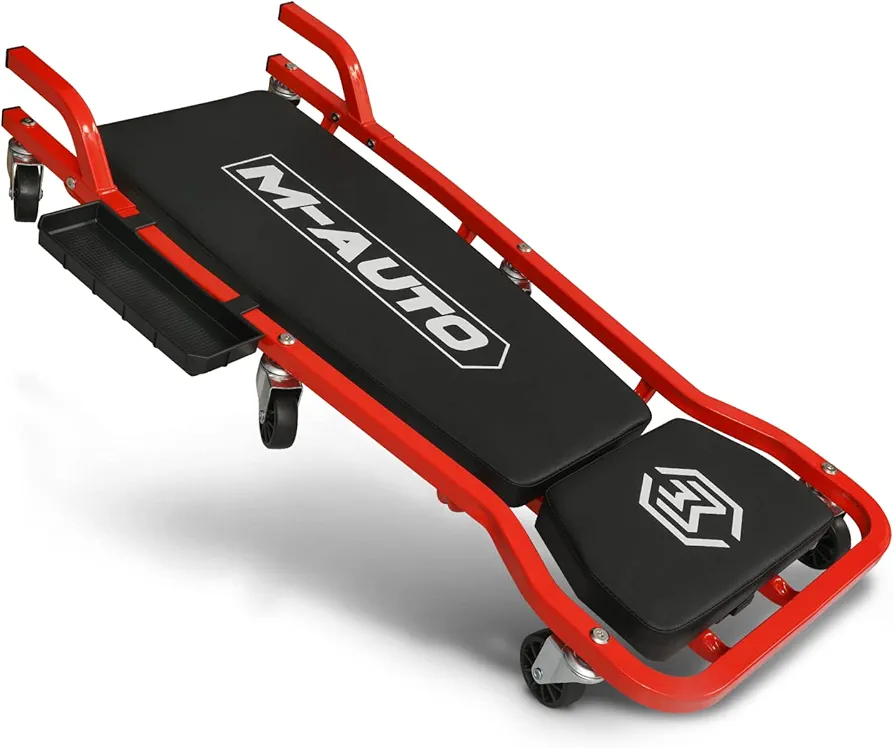 M-AUTO Heavy-Duty Automotive Creeper with 3-leves Adjustable Headrest, 42.5" Padded Metal Frame Creeper with Tools Tray for Garage Shop, 6 Noiseless Casters 300LBS Capacity, Red