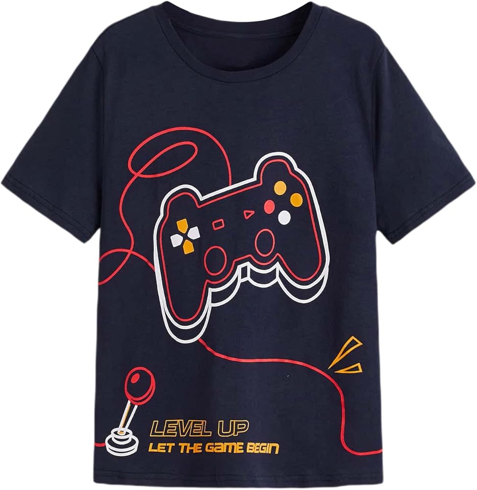 WDIRARA Boy's Gamepad Graphic Print Short Sleeve Graphic T Shirts Round Neck Tops Tee