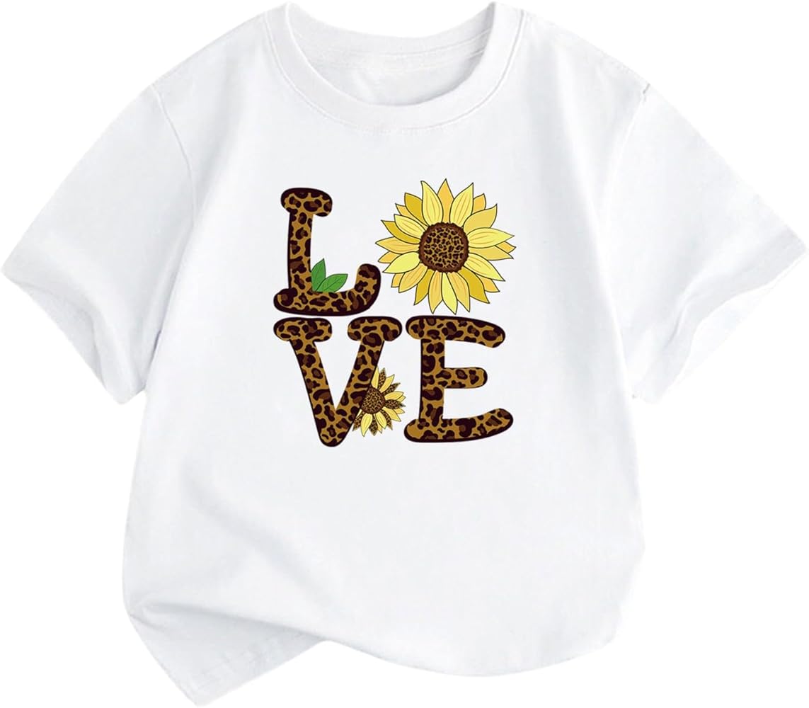 Shirts for Girls Love Cartoon Sunflower Print Boys and Girls Tops Short Sleeved T Shirts Girls Clothes