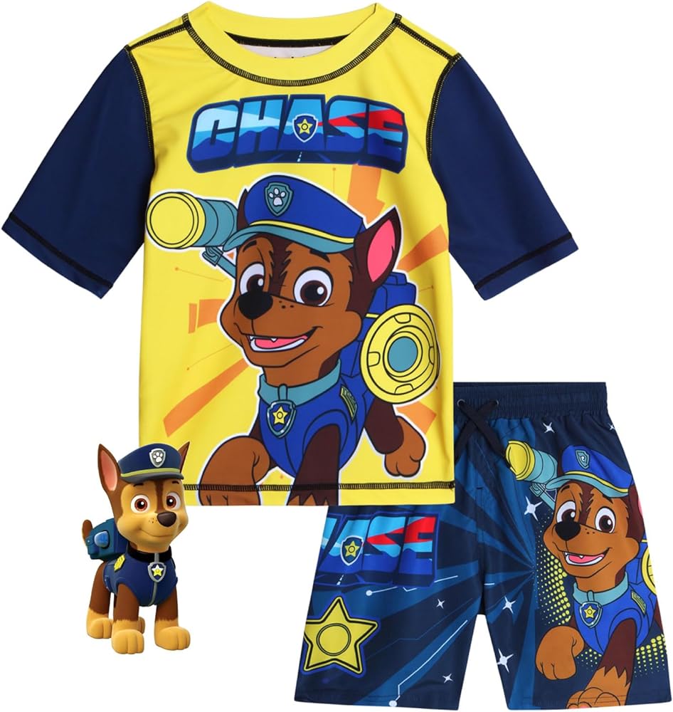 Nickelodeon Boys' Paw Patrol UPF 50+ Rash Guard Set - Marshall and Chase Swim Shirt and Swim Trunks - Boys' Swimwear (2T-7)