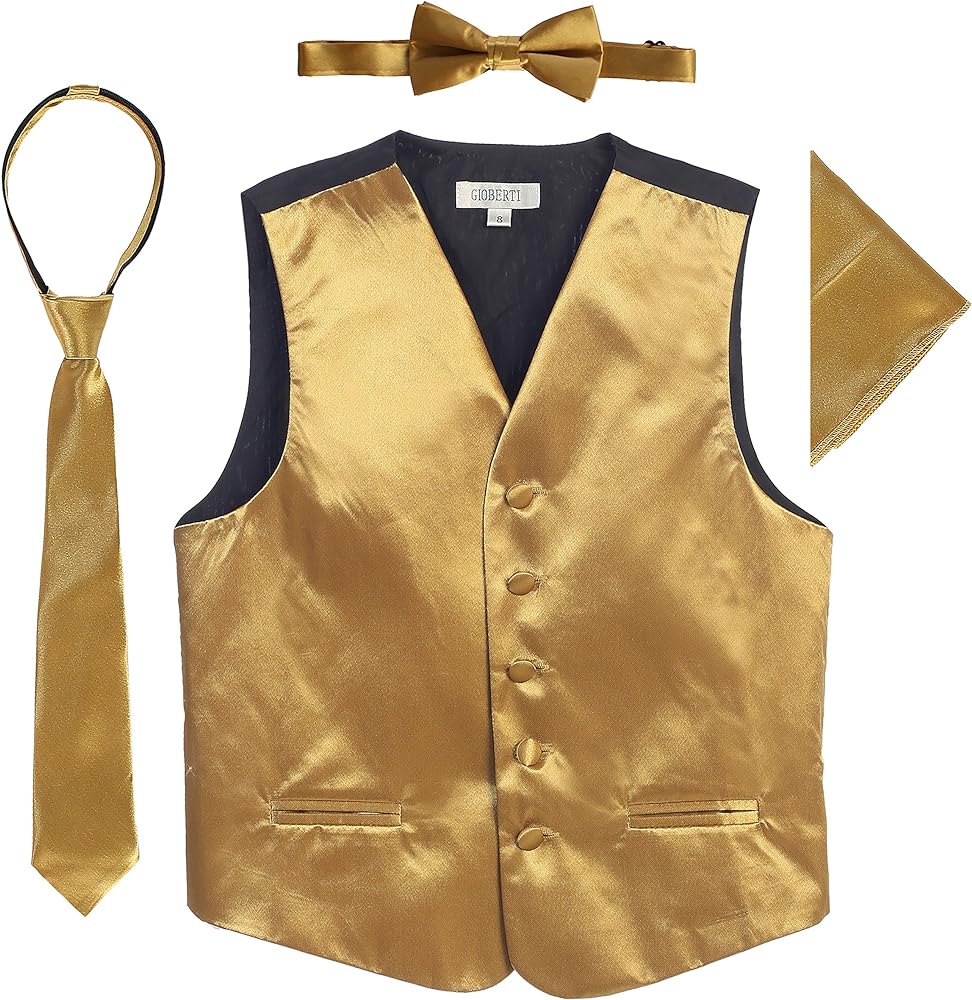 Gioberti Kids and Boys 4pc Satin Formal Vest Set - Vest, Bowtie, Tie, Pocket Square