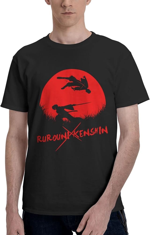 Anime T Shirts Rurouni Kenshin Red Moon Mens Summer Cotton Tee Crew Neck Short Sleeve Tees Black