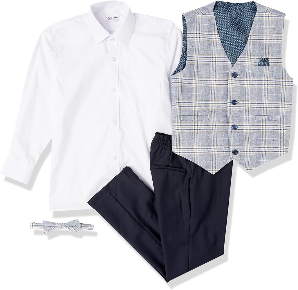 Isaac Mizrahi Slim Fit Boy's Contrast Plaid Vest, Shirt, Bowtie, and Pant Set