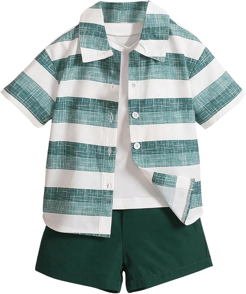 OYOANGLE Boy's 2 Piece Outfits Colorblock Striped Short Sleeve Collared Button Down Shirt and Shorts Set