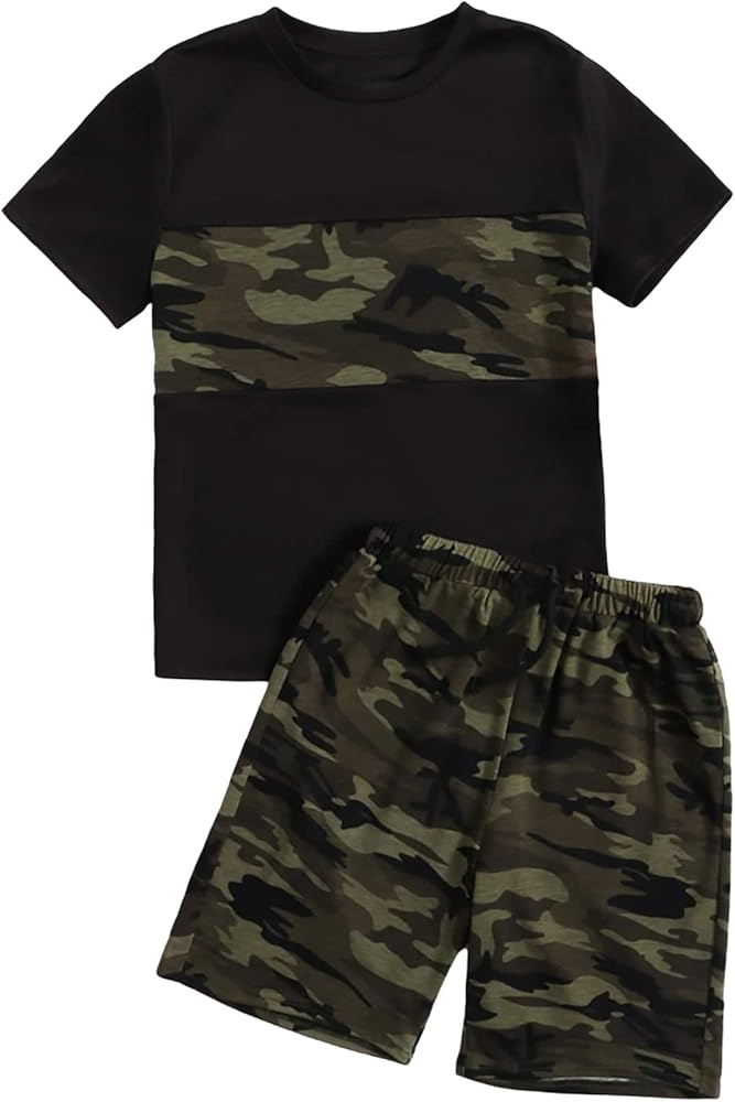 Floerns Boys 2 Piece Outfits Print Short Sleeve Camo Tee Shirt and Drawstring Shorts Set