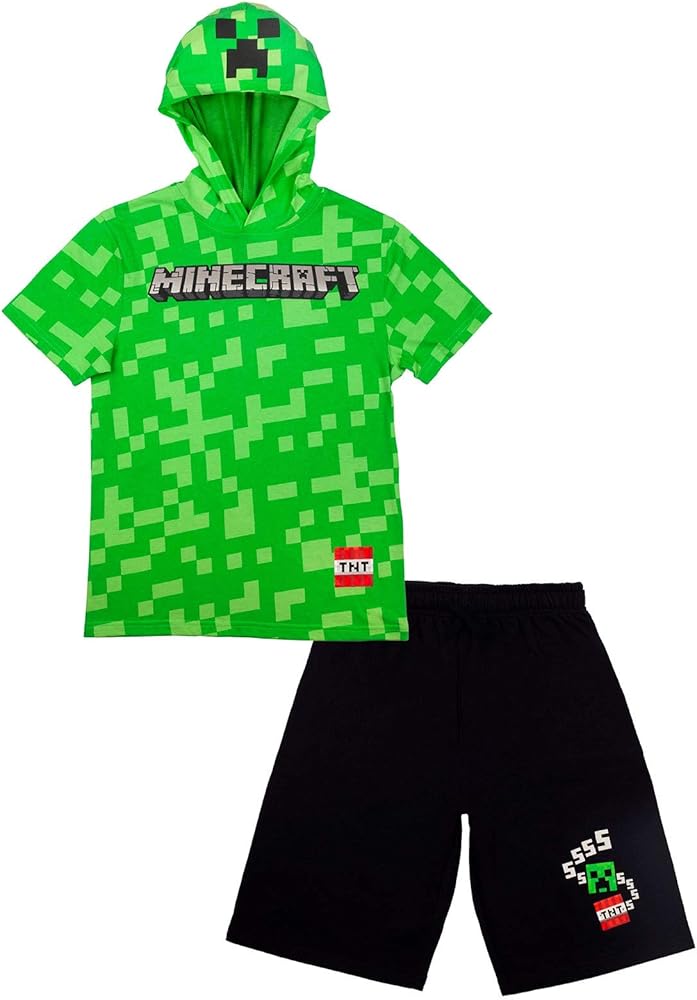 Minecraft Boys Costume Short Set with Black TNT Short and Mincraft Logo on Green Hooded T-Shirt