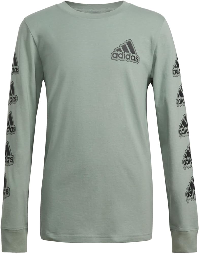 adidas Boys' Long Sleeve Cotton Jersey Graphic T-Shirt, Silver Green, Large