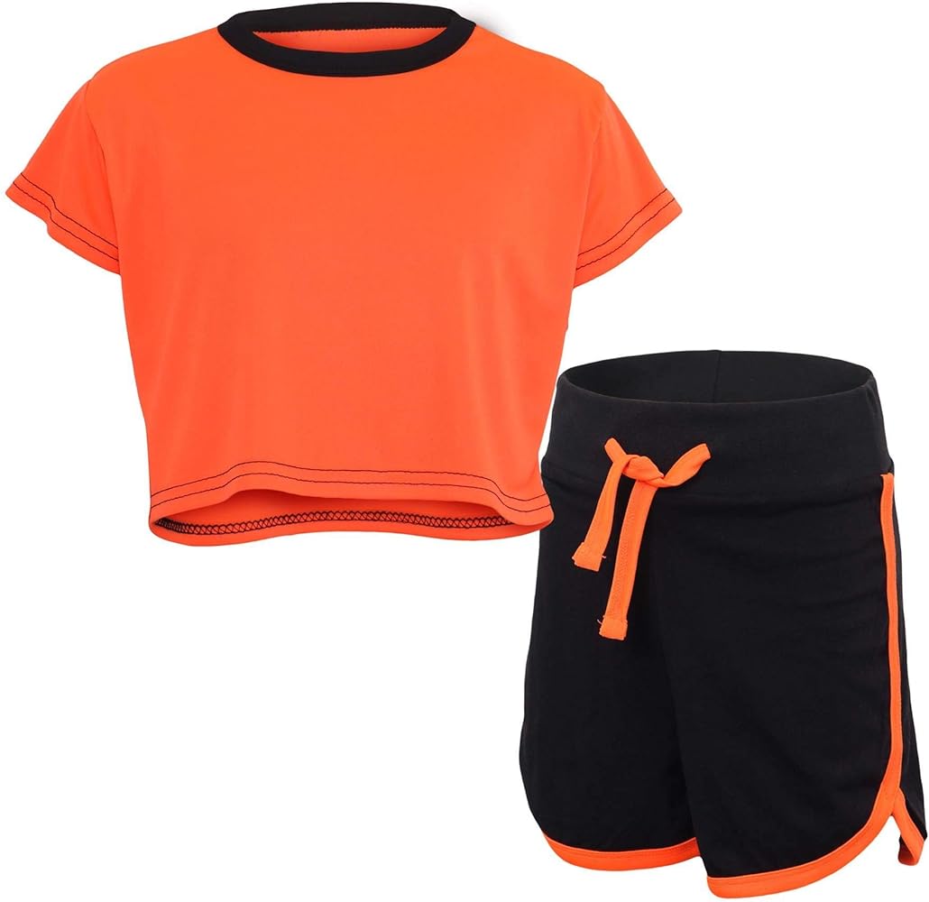 A2Z 4 Kids Black and Neon Crop Top and Shorts Set Contrast Short Sleeves T Shirt Summer 2 Piece Outfit Girls Boys Age 5-13