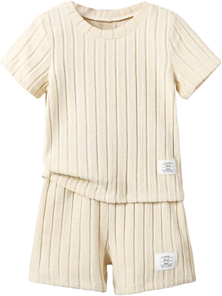 Verdusa Toddler Boy's 2 Piece Outfits Ribbed Knit Round Neck Short Sleeve Tee Top and Shorts Set