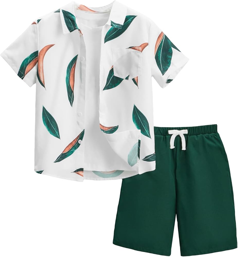 Verdusa Boy's 2 Piece Outfits Button Down Summer Shirt and Elastic Waist Shorts Sets