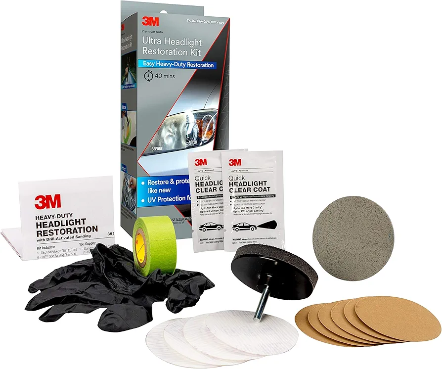 3M Ultra Headlight Restoration Kit, Contains Masking Tape, Light Sanding Discs, Wax Protectant and More, Use on Plastic Lenses Headlights, Taillights and More, Easy Heavy-Duty Restoration (39195)